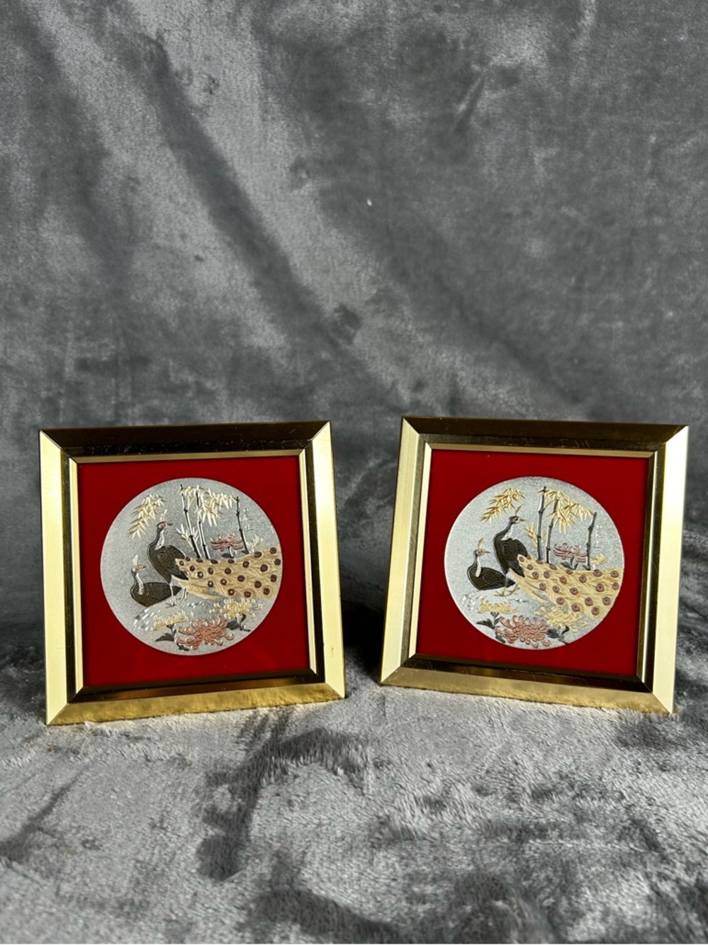 Vintage Framed Art Of Chokin Peacock‎ Plaques Square Japenese Wall Or Desktop